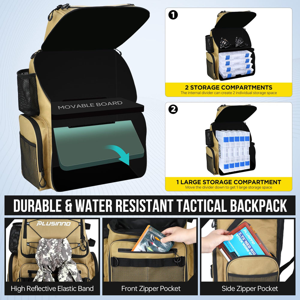 PLUSINNO fishing backpack water-resistant 900D fabric resists tearing in rugged environments.