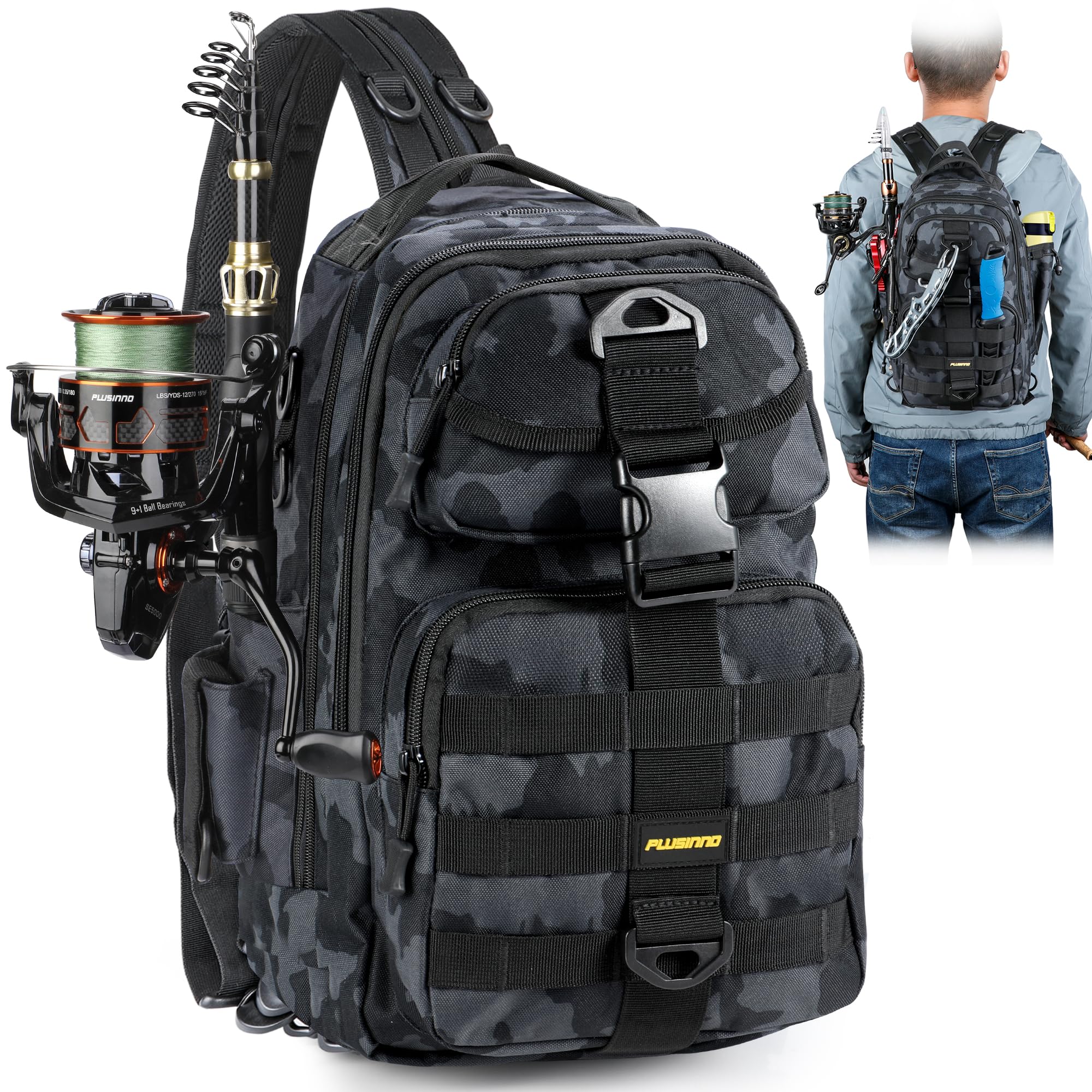 PLUSINNO Fishing Backpack water-resistant exterior ideal for all-weather storage during fishing trips.