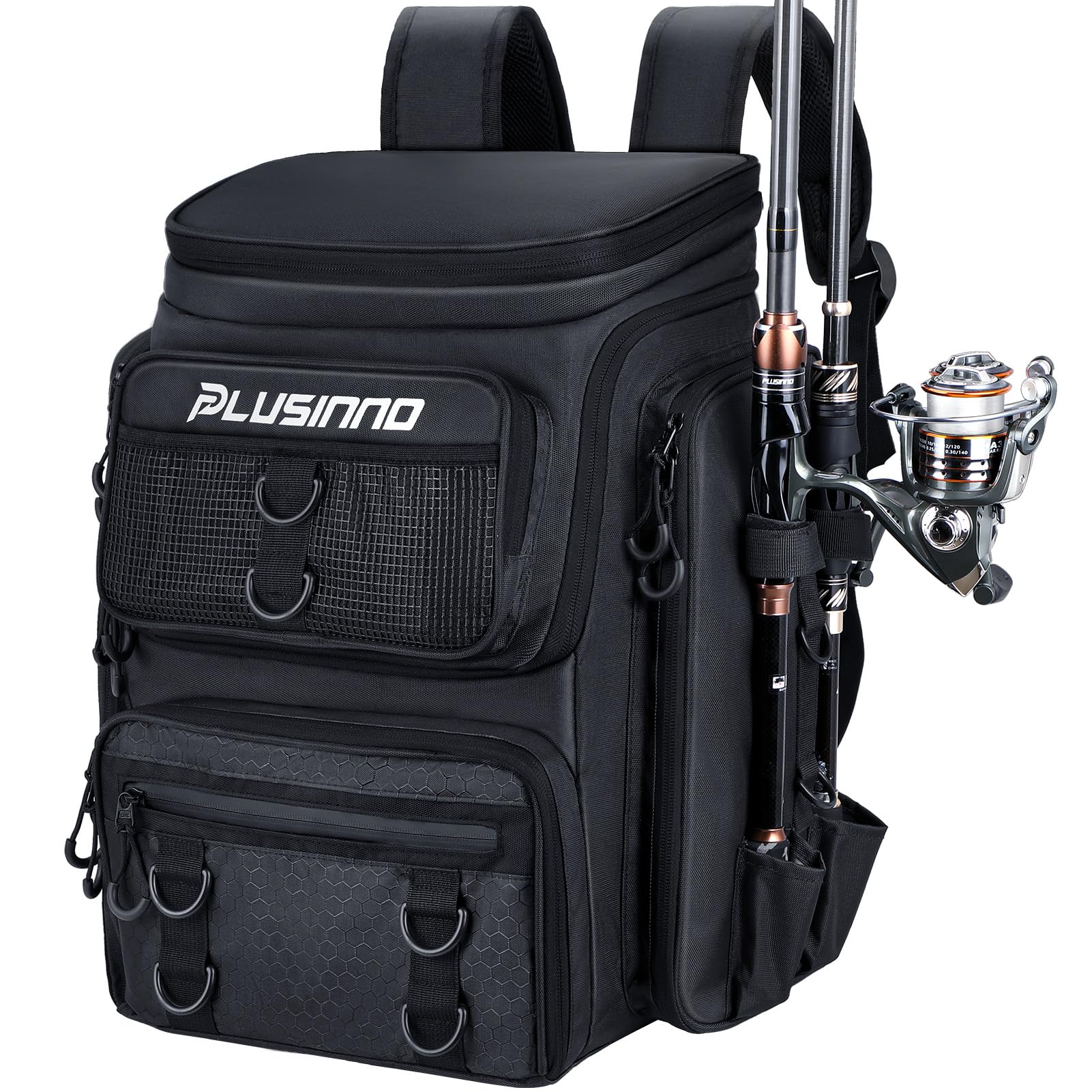 Plusinno fishing backpack waterproof fabric keeps gear dry in rain.