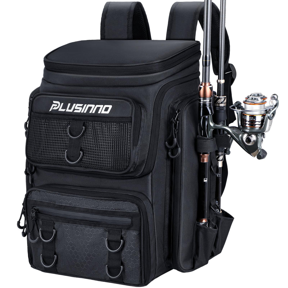 Plusinno fishing backpack waterproof fabric keeps gear dry in rain.
