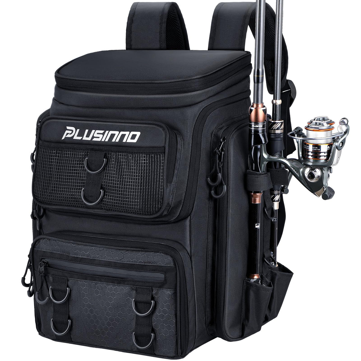 Plusinno fishing backpack waterproof fabric keeps gear dry in rain.