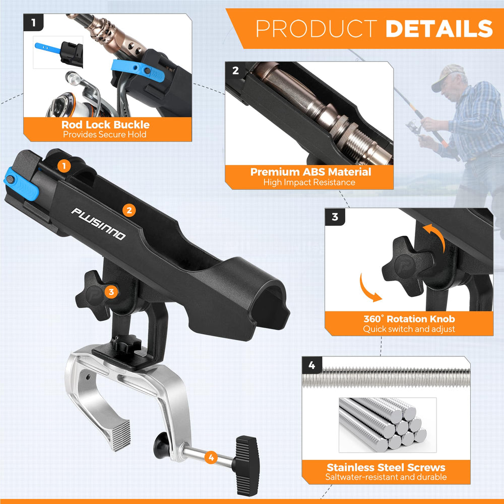 PLUSINNO folding rod holder with stainless hardware for easy stow-and-go setup