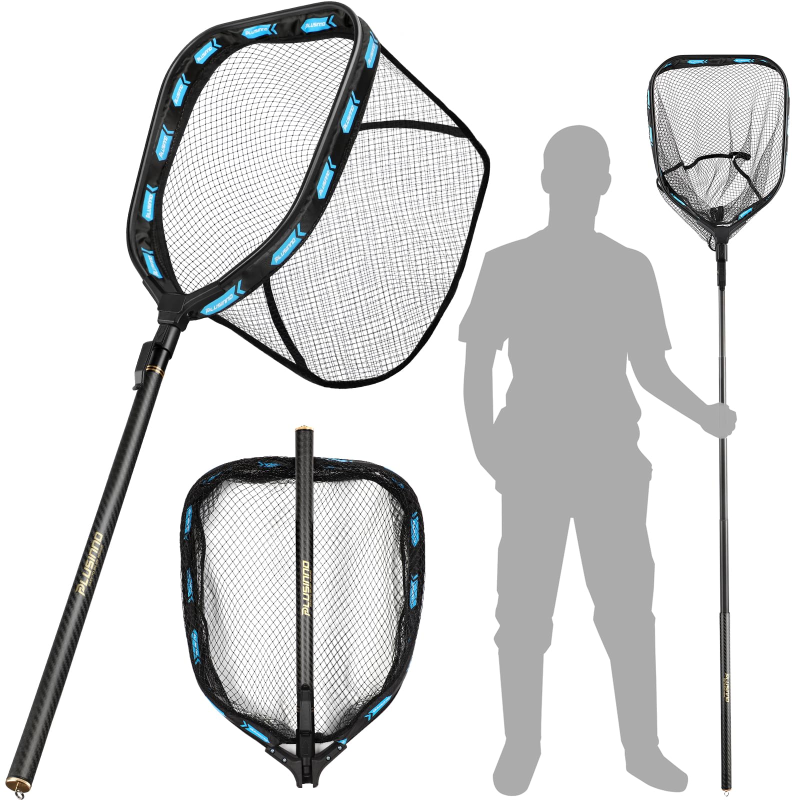 PLUSINNO fishing net with telescoping handle extended for longer reach on bass and trout