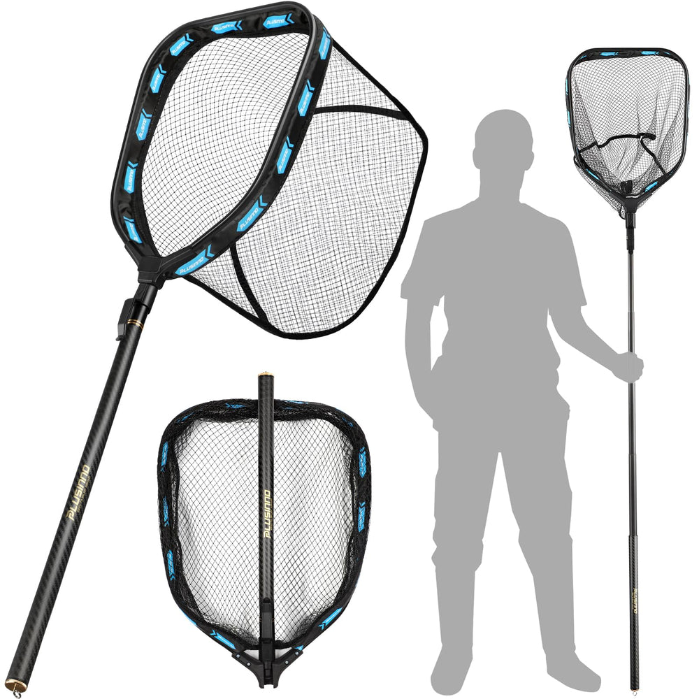 PLUSINNO fishing net with telescoping handle extended for longer reach on bass and trout