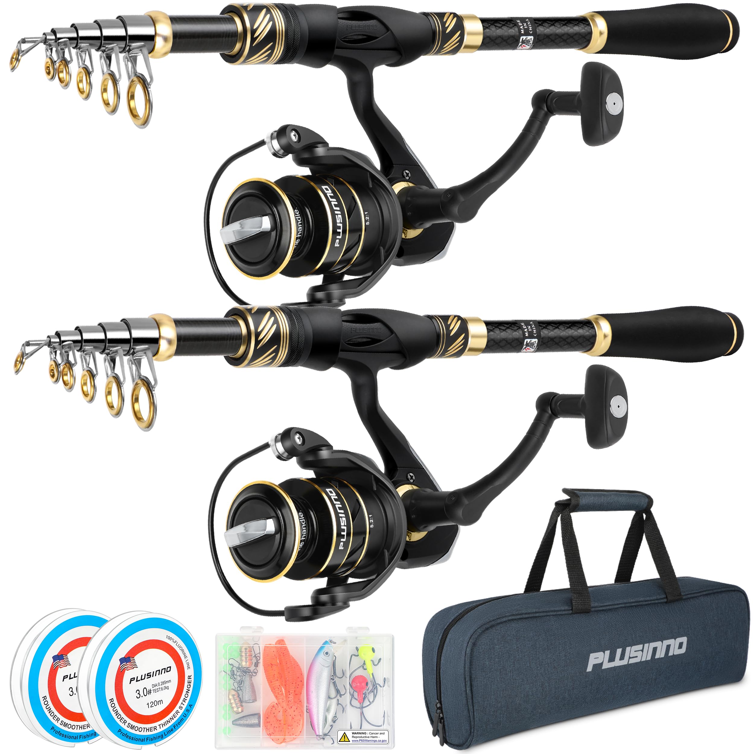 PLUSINNO fishing rod and reel kit 2-pack ready for travel and fishing adventures.