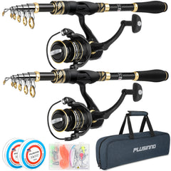 PLUSINNO fishing rod and reel kit 2-pack ready for travel and fishing adventures.
