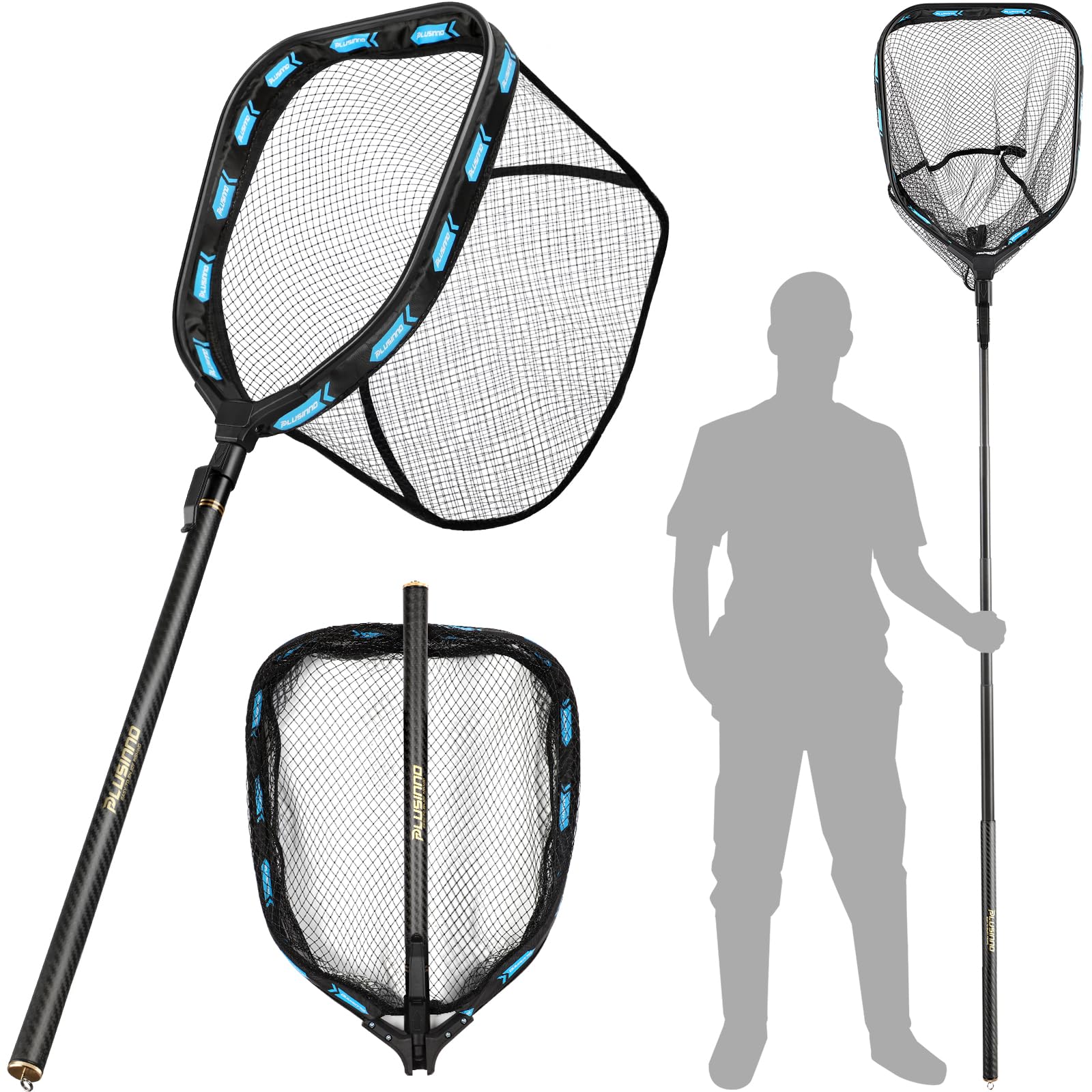 PLUSINNO floating fishing net with extended telescoping handle for greater reach during catches