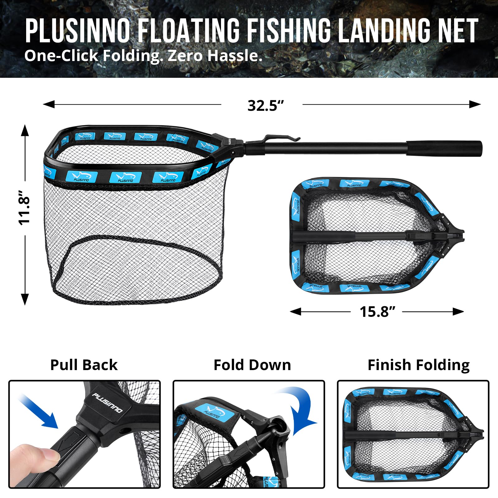 PLUSINNO floating net with foam-padded hoop demonstrates easy retrieval and floater on catch.