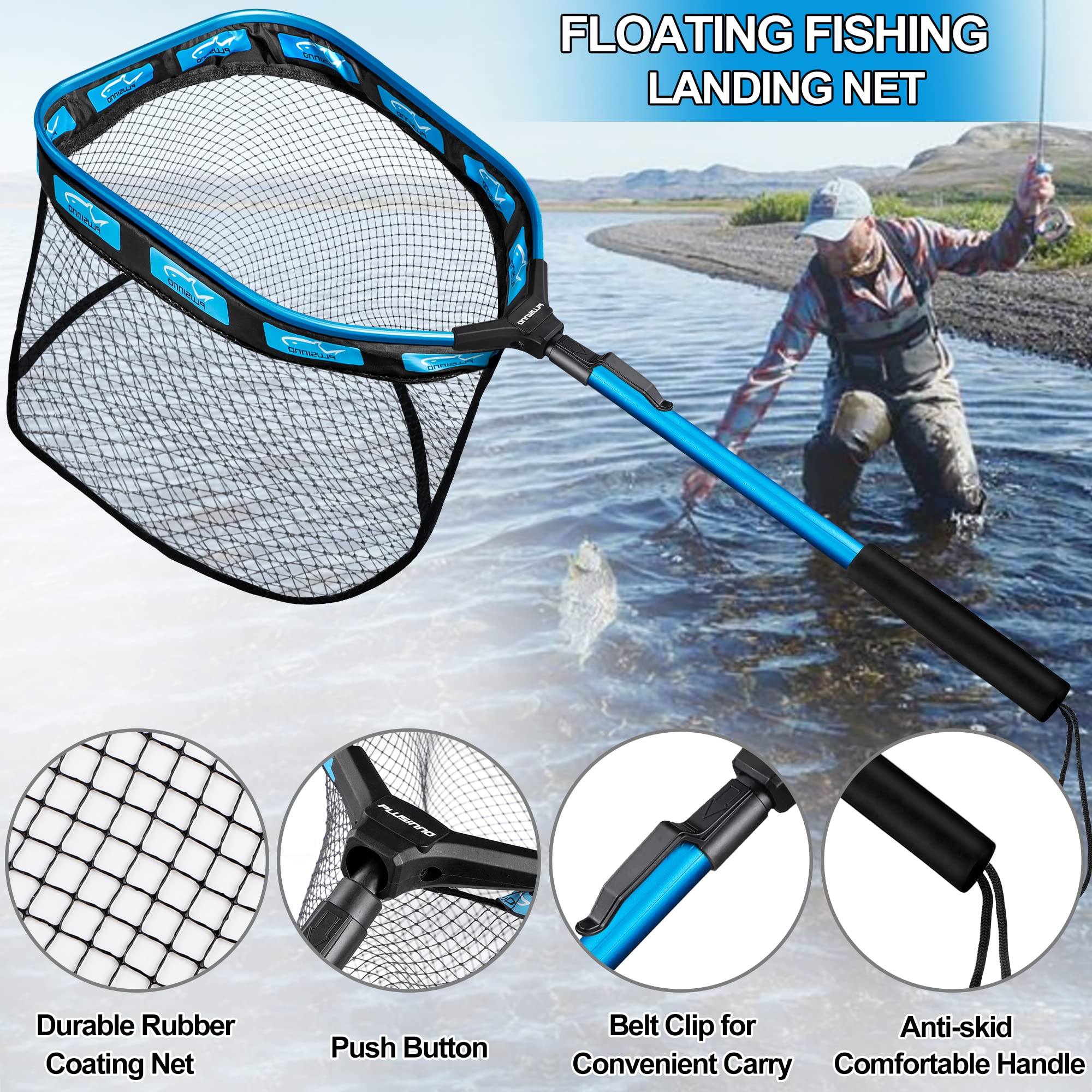 PLUSINNO floating net handle shows long reach for kayak landings.