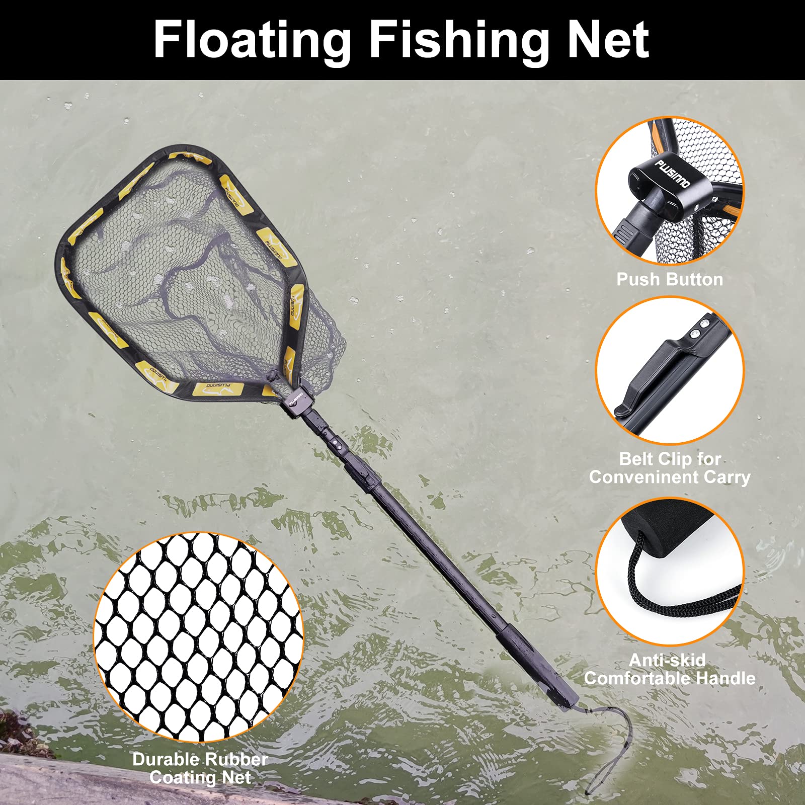 PLUSINNO floating net telescoping pole highlights extended reach for kayak and bank fishing.