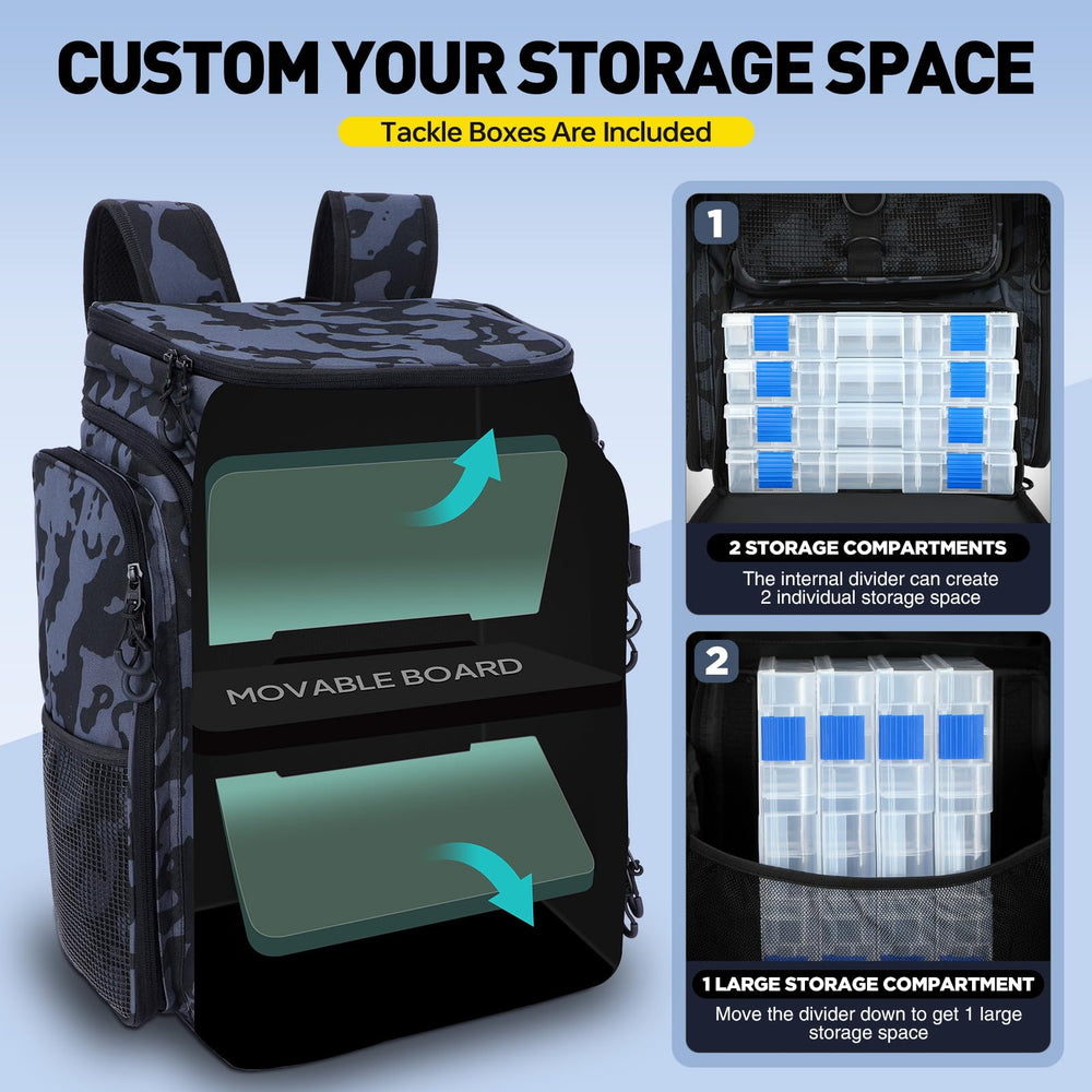 PLUSINNO four tackle boxes included organize lures and tools for quick access.