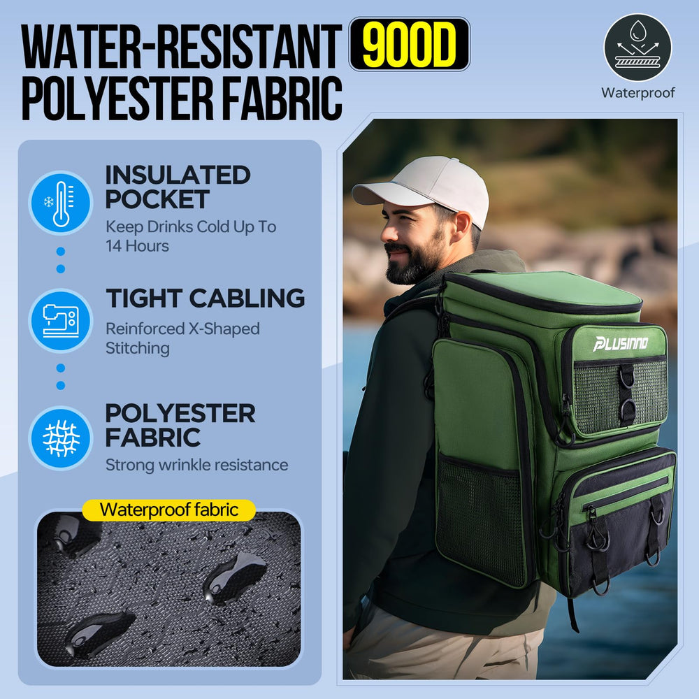 Plusinno green fishing backpack showcases versatile gear storage