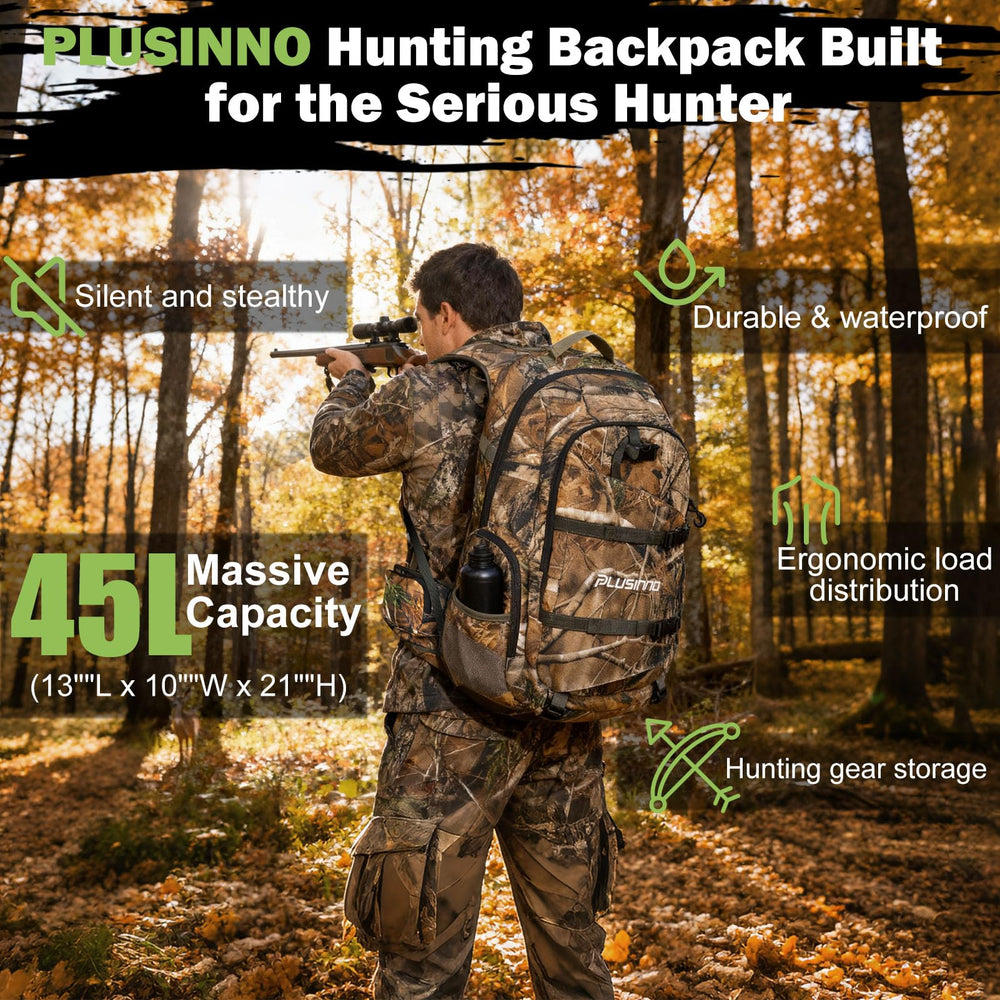 PLUSINNO hunting backpack 45L side-access highlights quick gear reach during field use