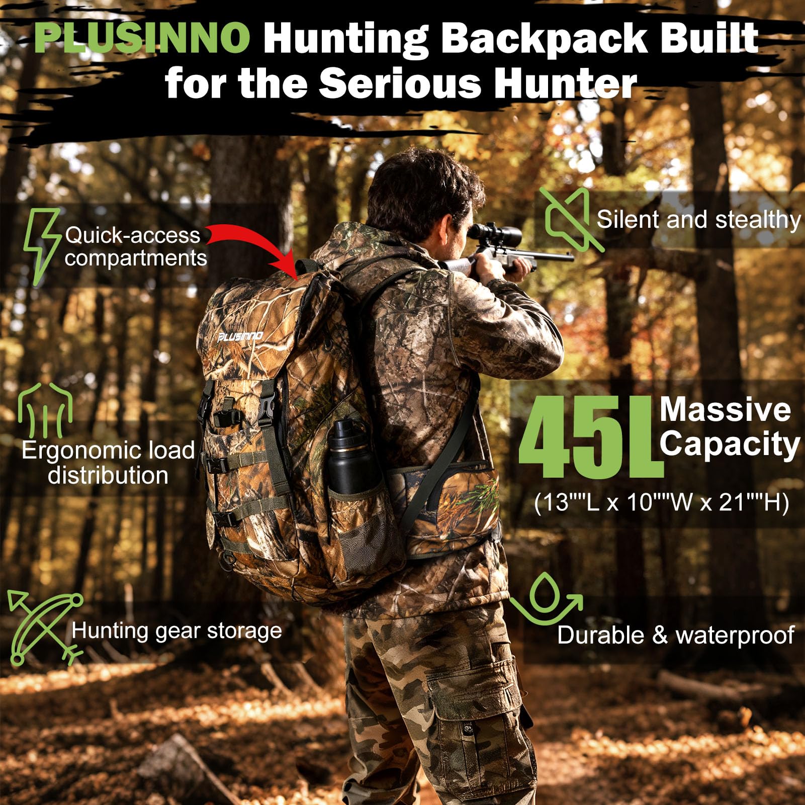 PLUSINNO hunting backpack camouflage pattern aids concealment during still hunt scenarios