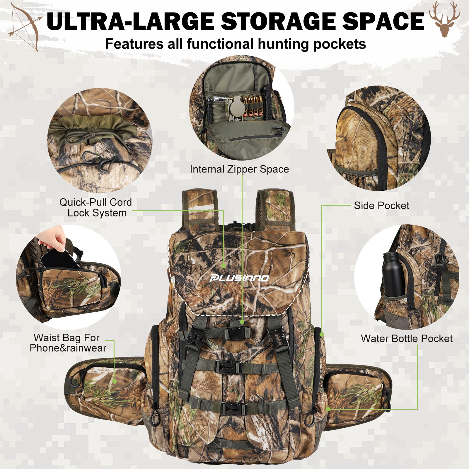 PLUSINNO hunting backpack rain cover deployed protects gear in wet conditions