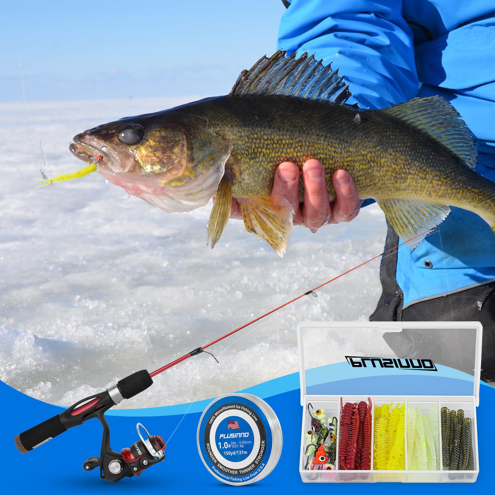 PLUSINNO ice fishing on a frozen lake with gear ready.