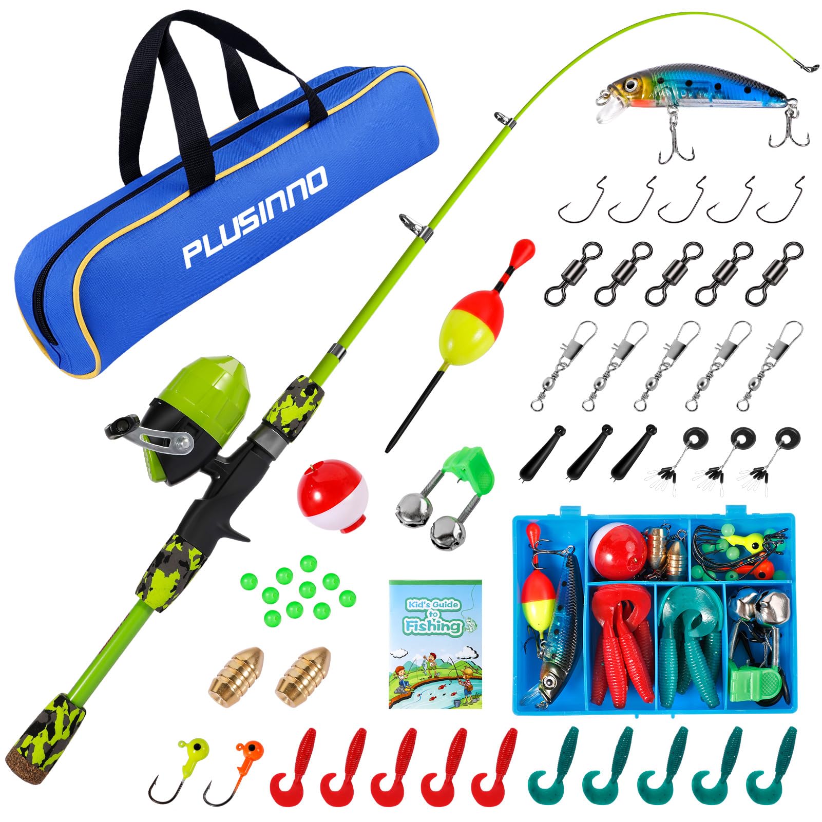 PLUSINNO kids fishing pole assembled, ready for outdoor adventures.