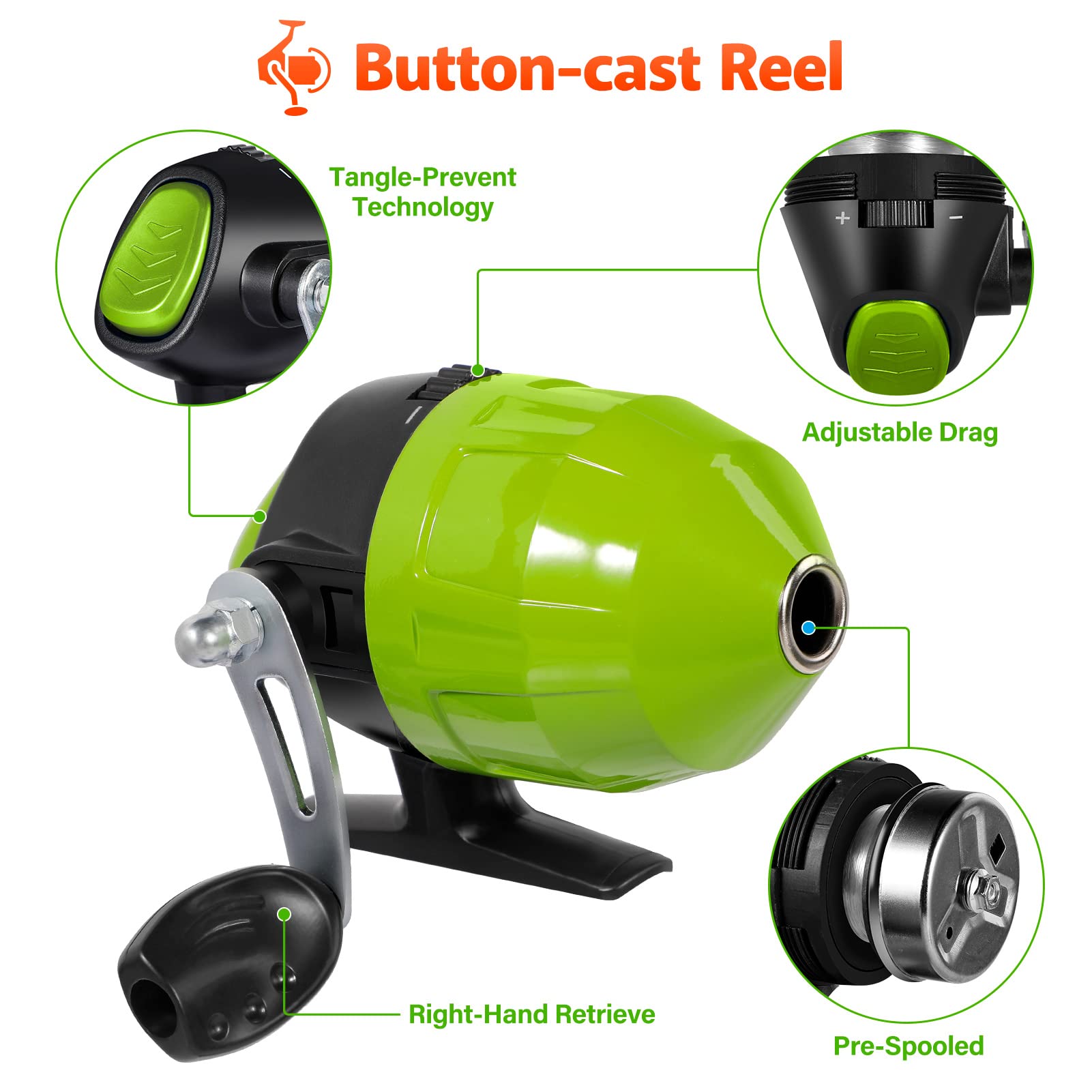 PLUSINNO kids fishing-pole spincast reel close-up with safety features.