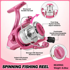 Plusinno ladies pink fishing rod and reel assembly