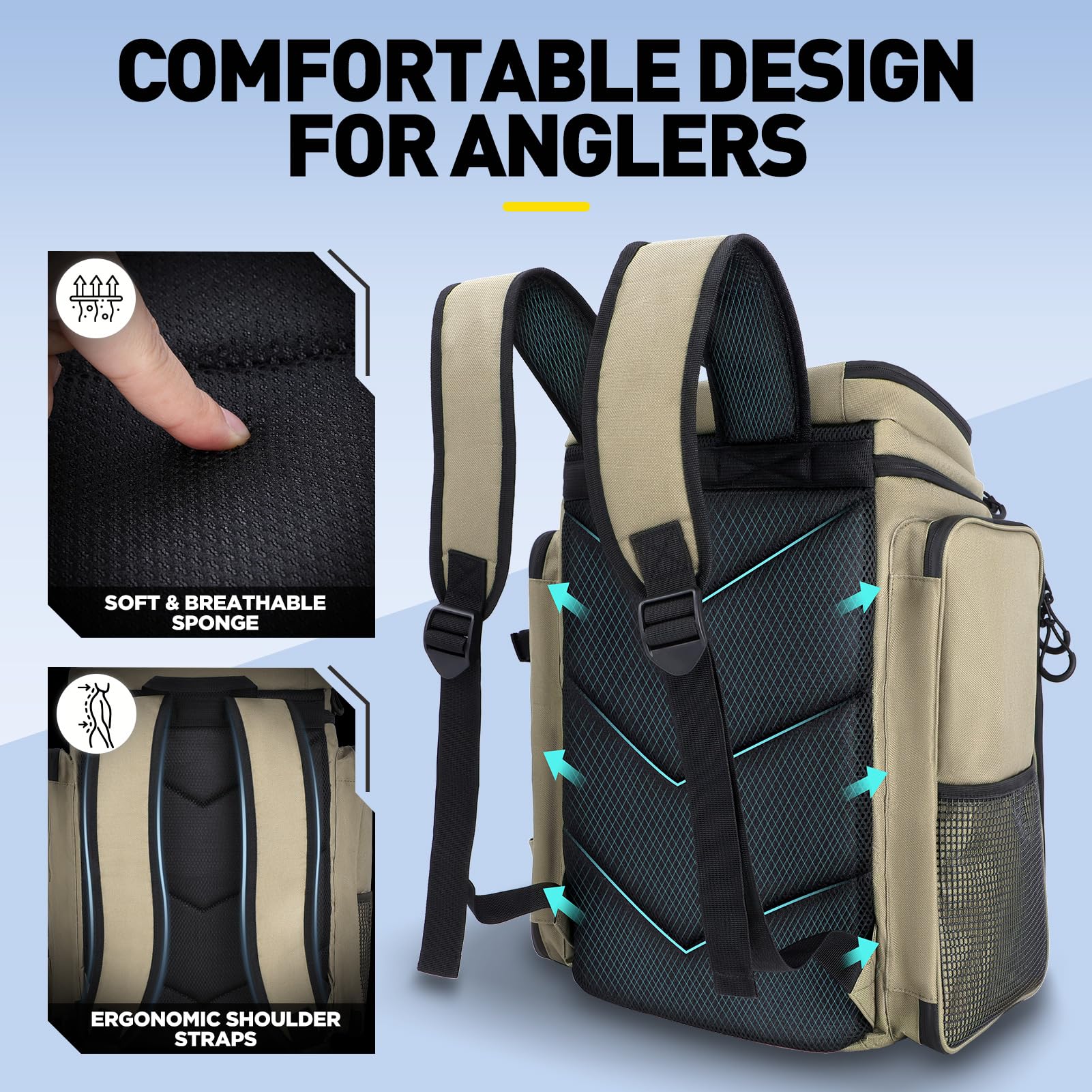 PLUSINNO large 42L storage backpack ready for a full day of fishing or camping