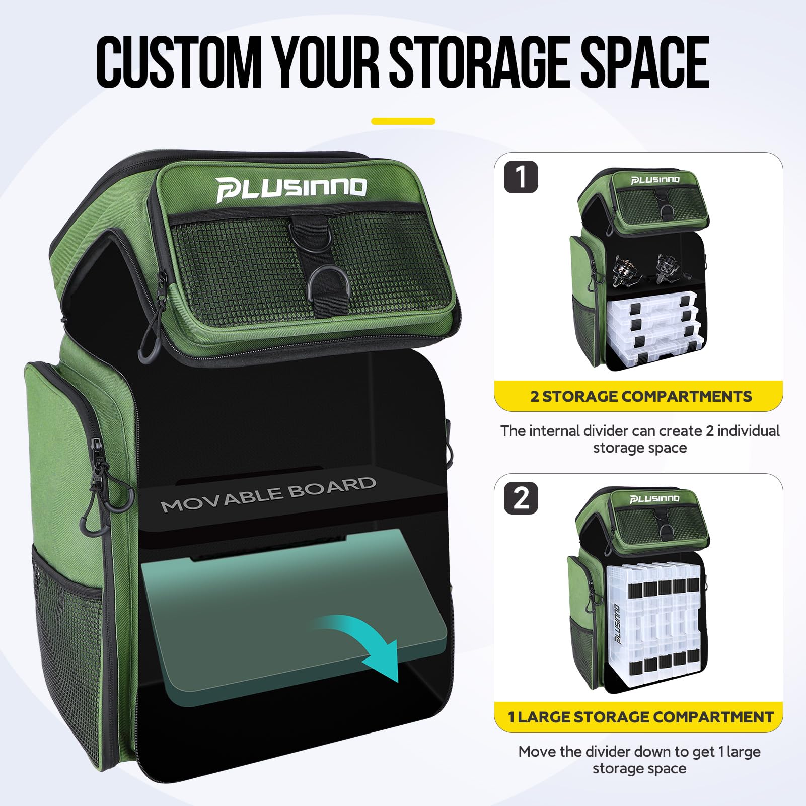 PLUSINNO large-capacity backpack with 16 pockets helps separate tools and tackle.