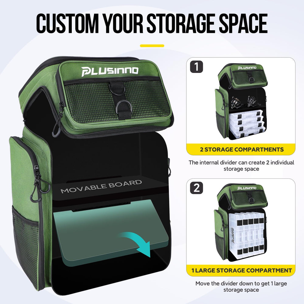 PLUSINNO large-capacity backpack with 16 pockets helps separate tools and tackle.