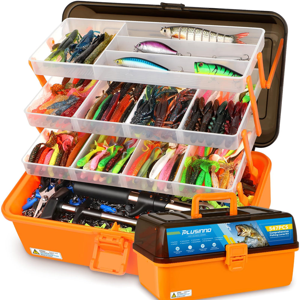 PLUSINNO large tackle box open layout shows 4-layer organization for easy gear access