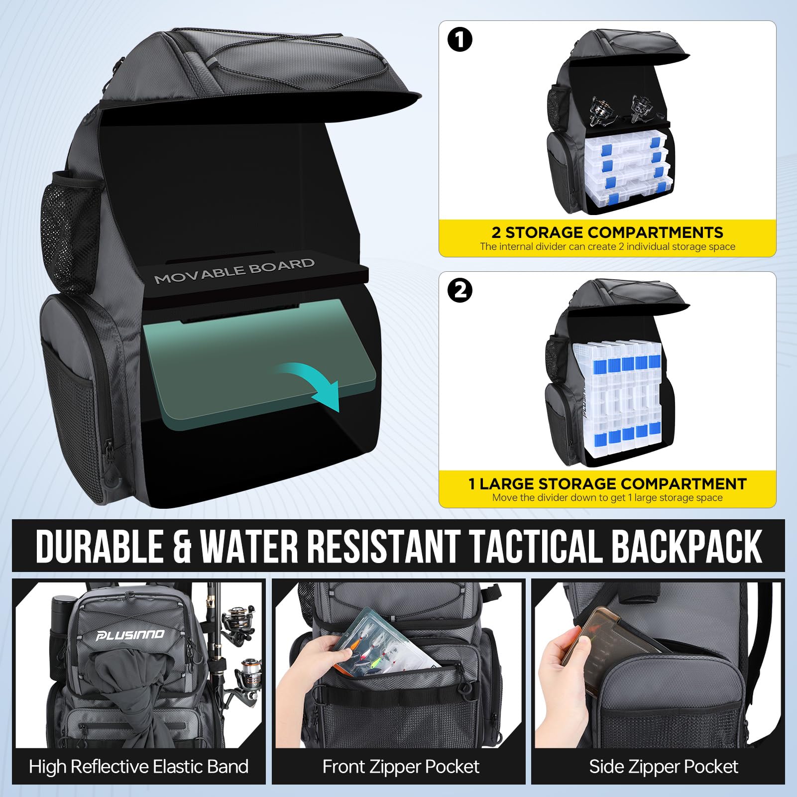 PLUSINNO multiple pockets and D-rings simplify organizing rods, tools, and keys.