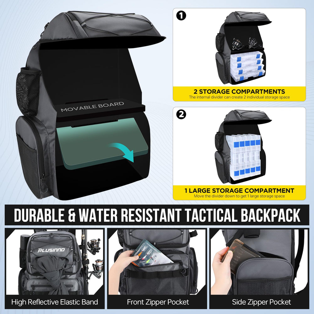 PLUSINNO multiple pockets and D-rings simplify organizing rods, tools, and keys.