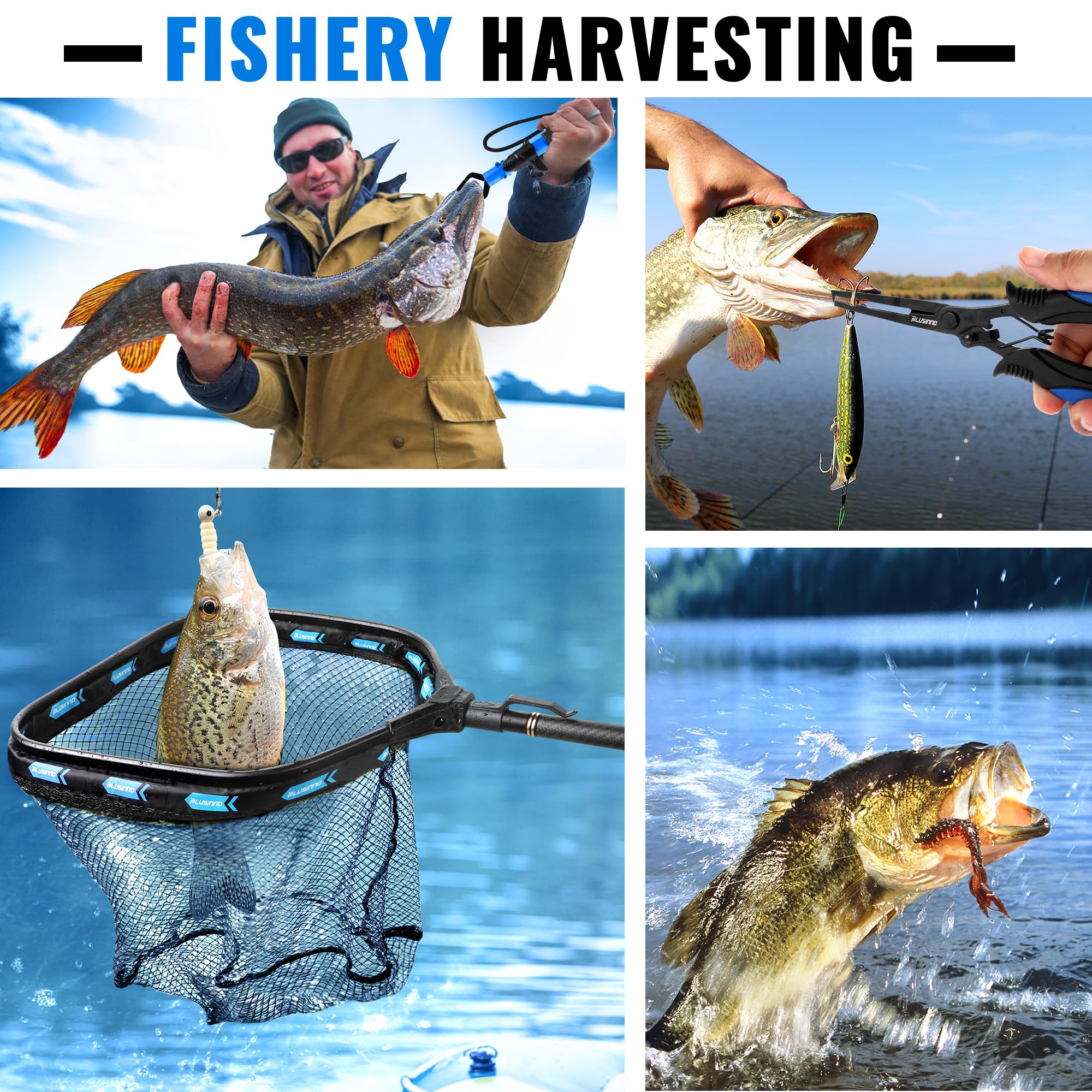 PLUSINNO net collapsible storage highlights compact, portable design for fishing trips.