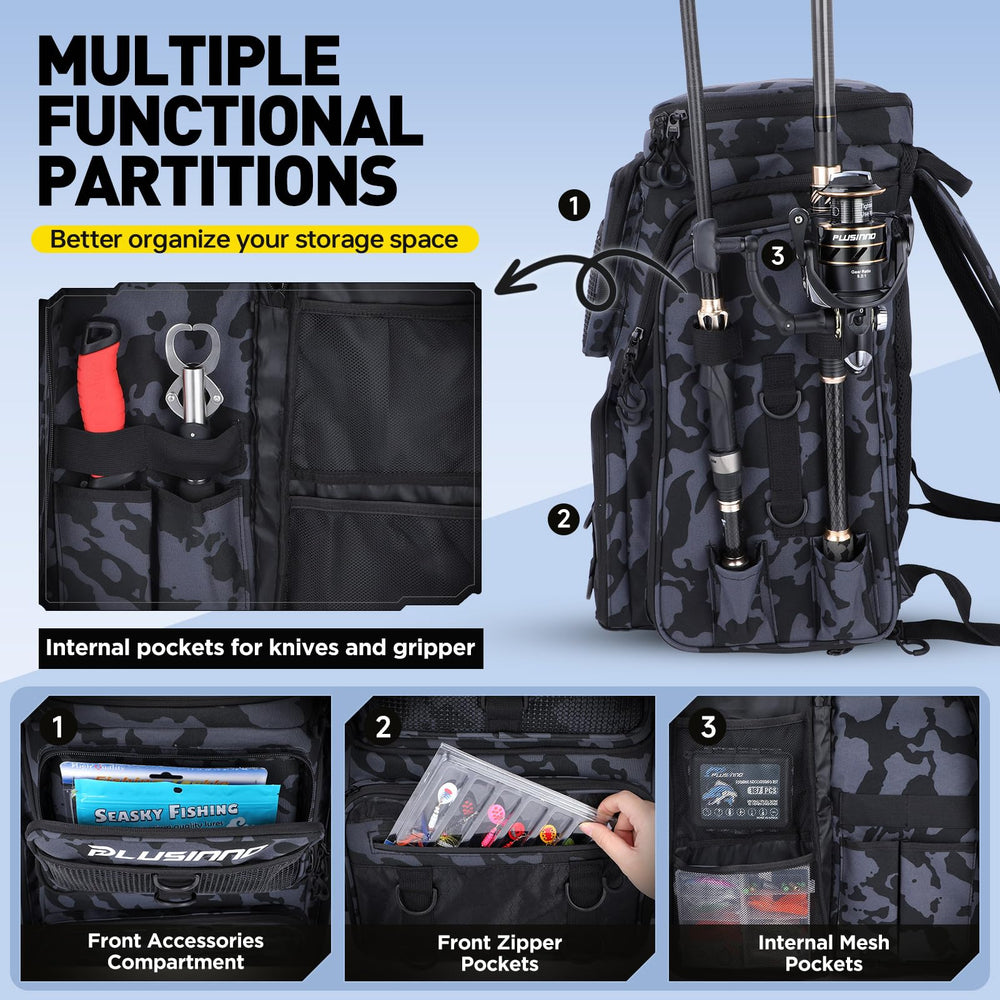 PLUSINNO outdoor-ready backpack supports camping and hiking with durable storage.