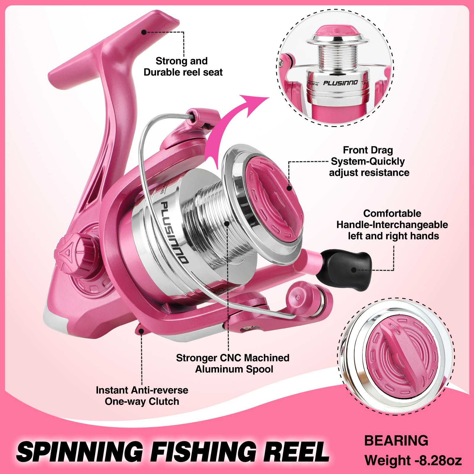Pink spinning pole for ladies with reel