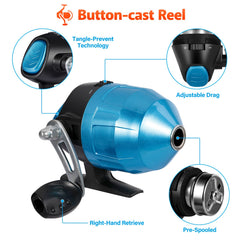 PLUSINNO spincast reel closeup highlighting kid-friendly safety.