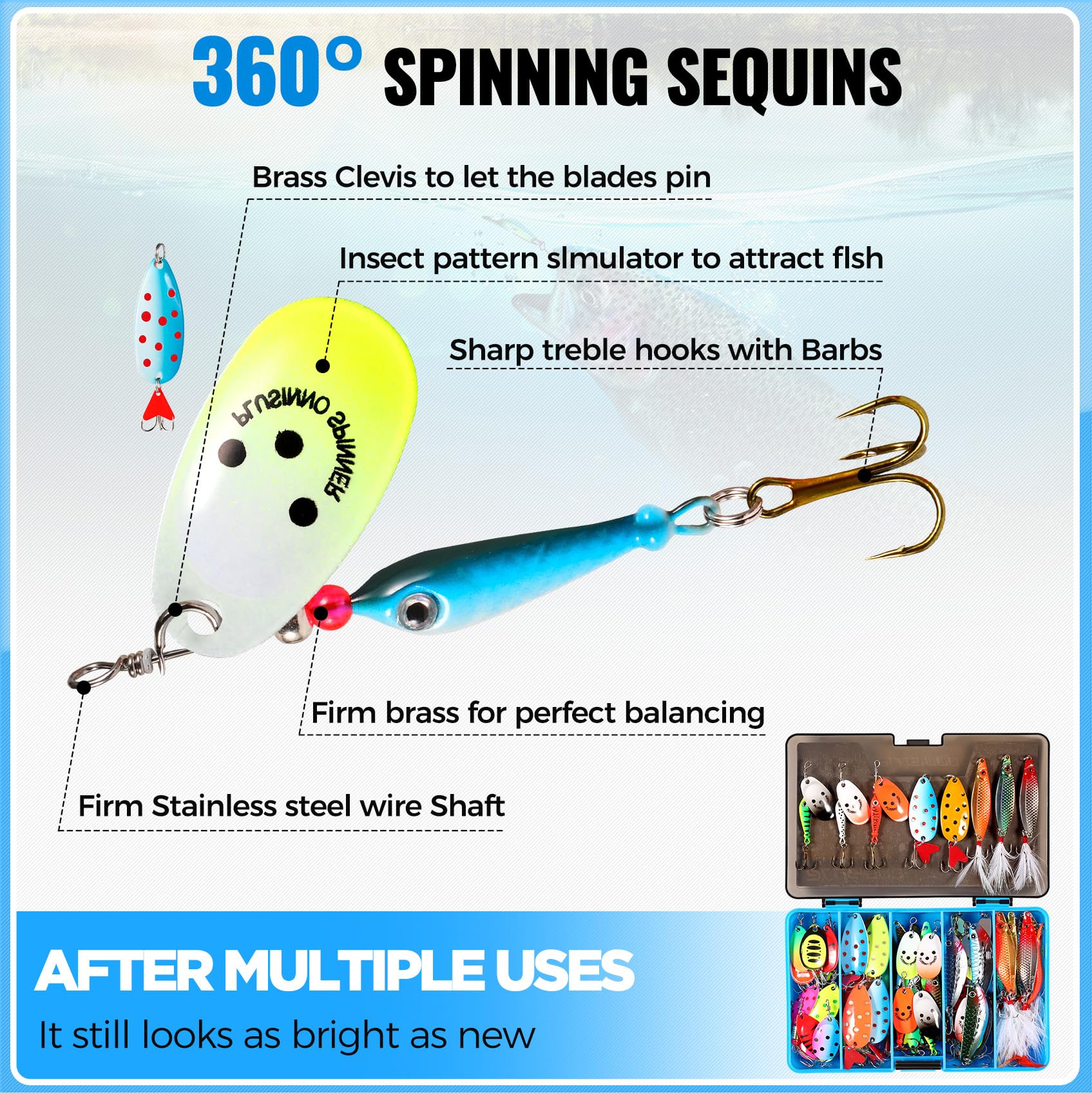 32-piece spinner lure kit with tackle box