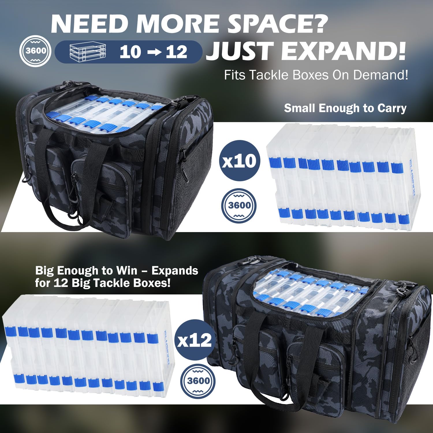 PLUSINNO Tackle Bag 31L capacity fits 10 large tackle boxes for compact trips.