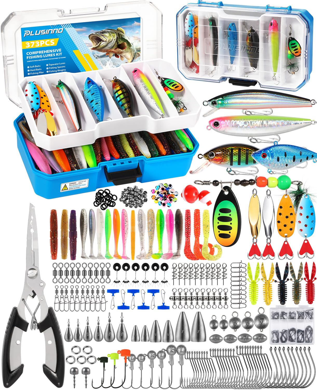 PLUSINNO fishing tackle box with 373pcs lures included