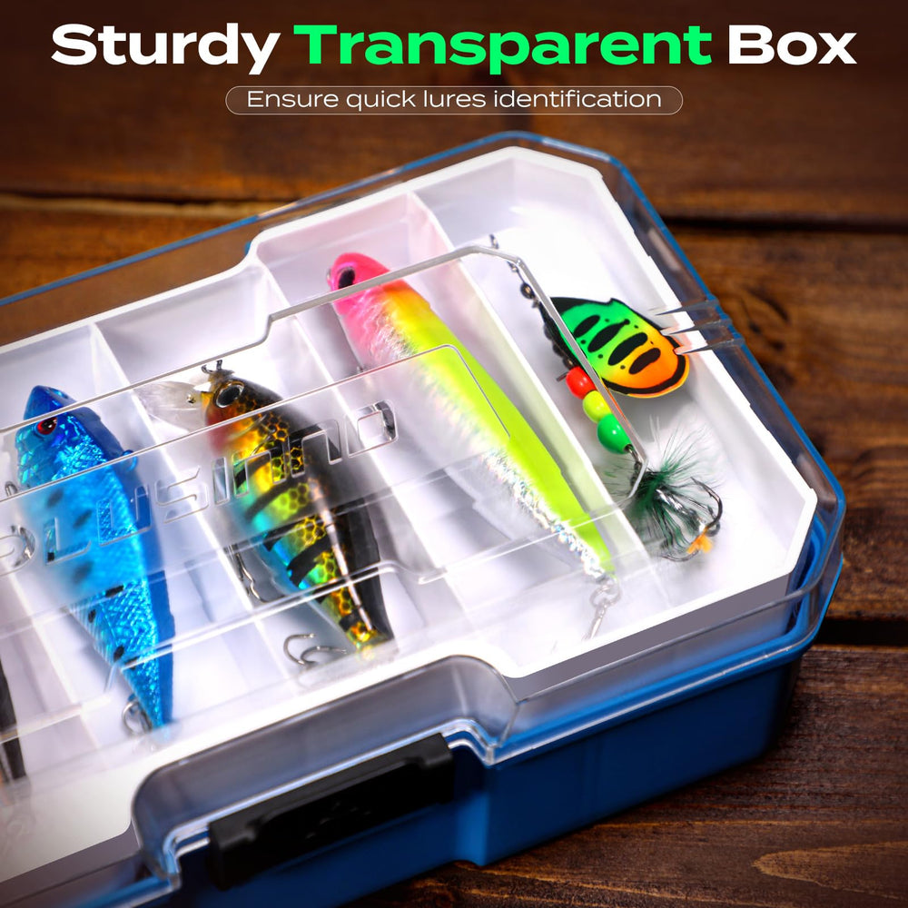 Open tackle box showing tiered design and removable tray