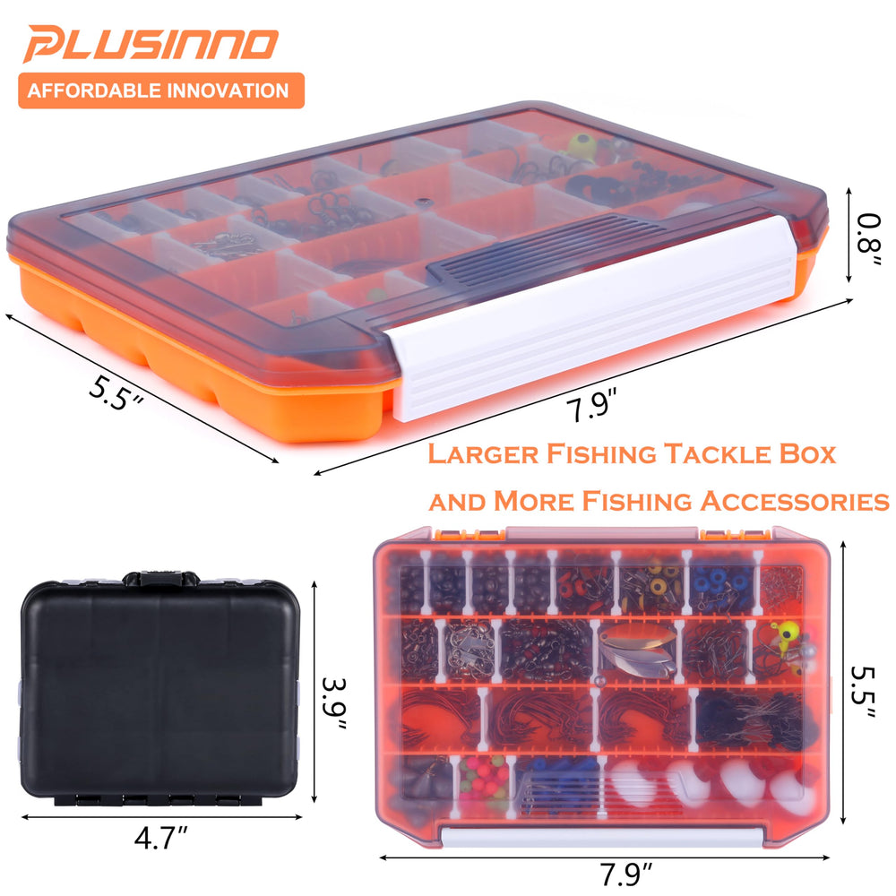 Compact PLUSINNO tackle box with dimensions 7.9 x 5.5 x 0.8 inches