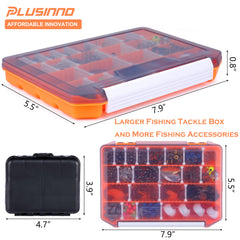 Compact PLUSINNO tackle box with dimensions 7.9 x 5.5 x 0.8 inches