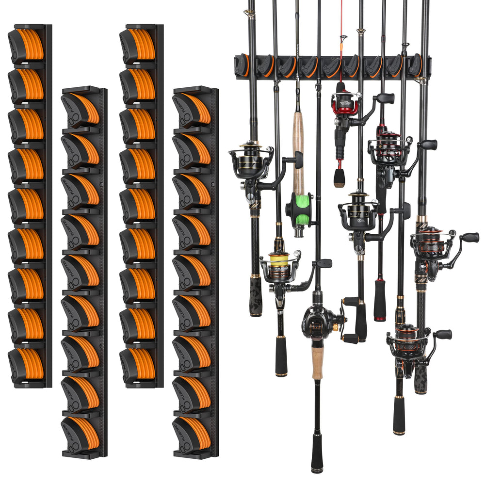 PLUSINNO V9 wall-mount vertical rod holders organize garage storage for up to 36 rods.