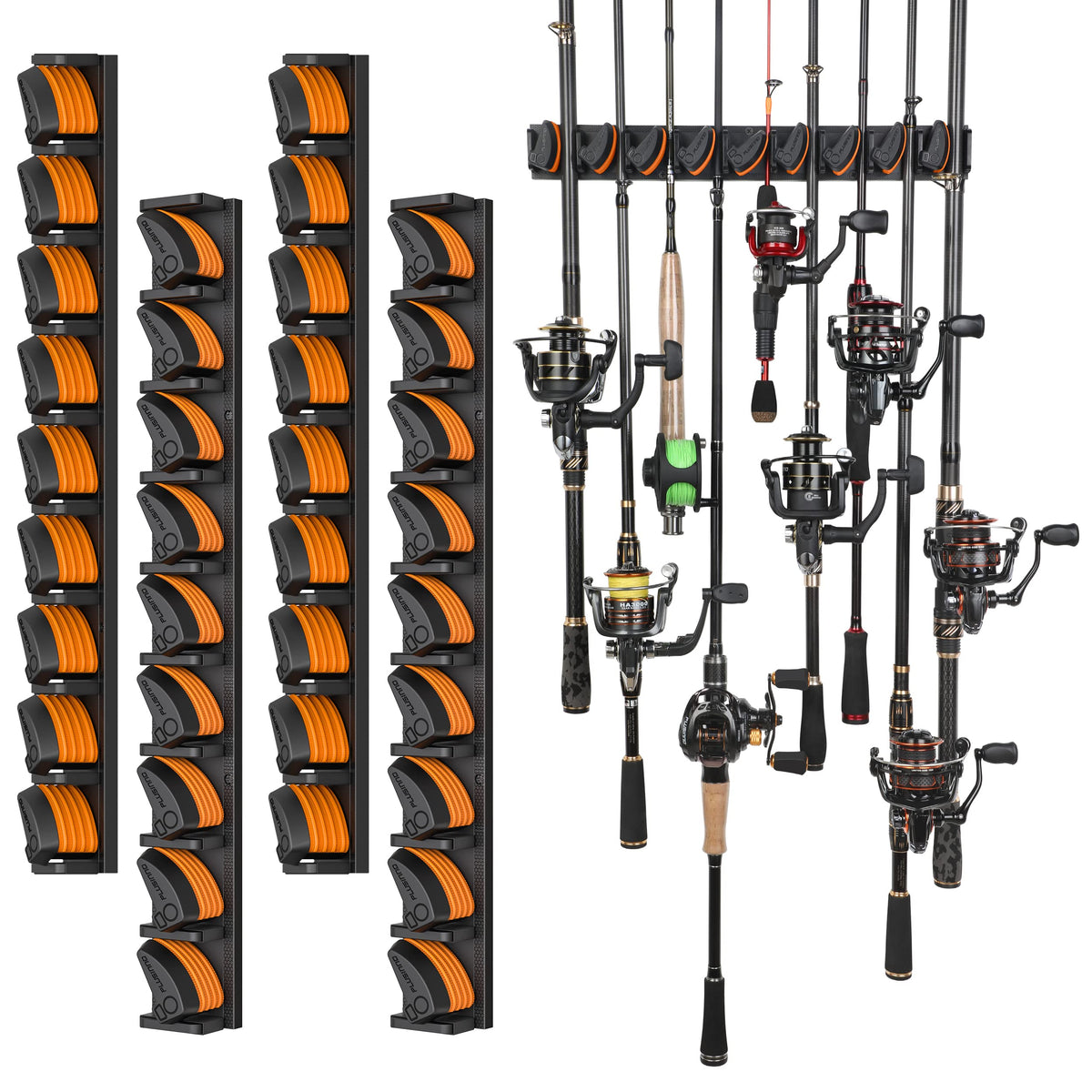 PLUSINNO V9 wall-mount vertical rod holders organize garage storage for up to 36 rods.