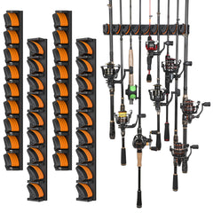 PLUSINNO V9 wall-mount vertical rod holders organize garage storage for up to 36 rods.