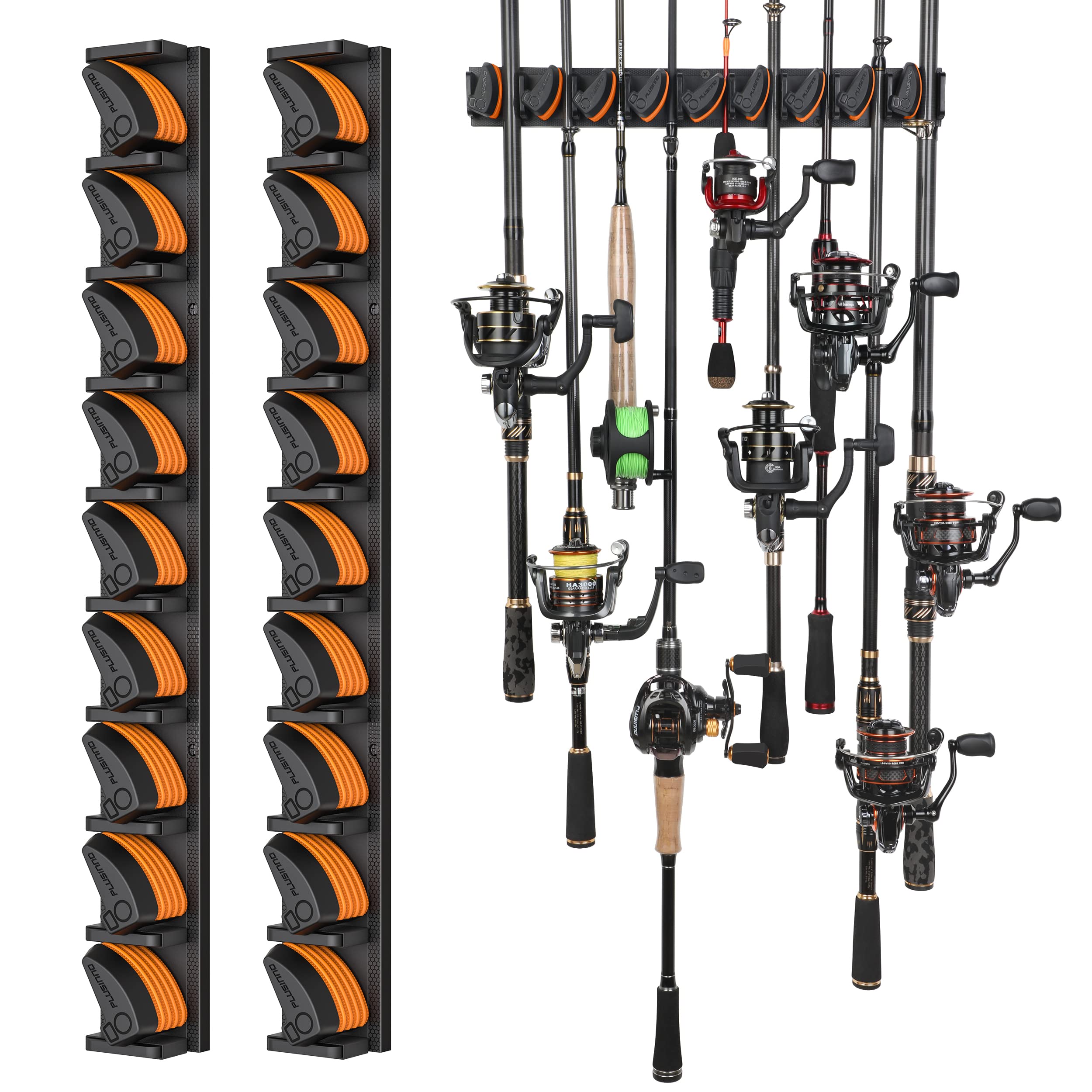 PLUSINNO V9 vertical rod holders on wall mount for organized fishing gear storage.