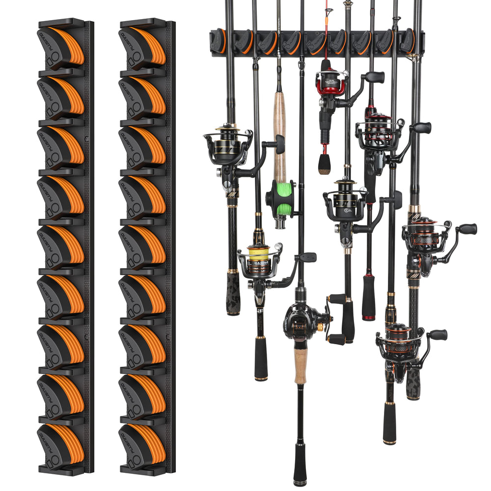 PLUSINNO V9 vertical rod holders on wall mount for organized fishing gear storage.