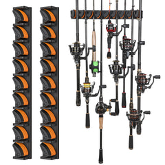 PLUSINNO V9 vertical rod holders on wall mount for organized fishing gear storage.