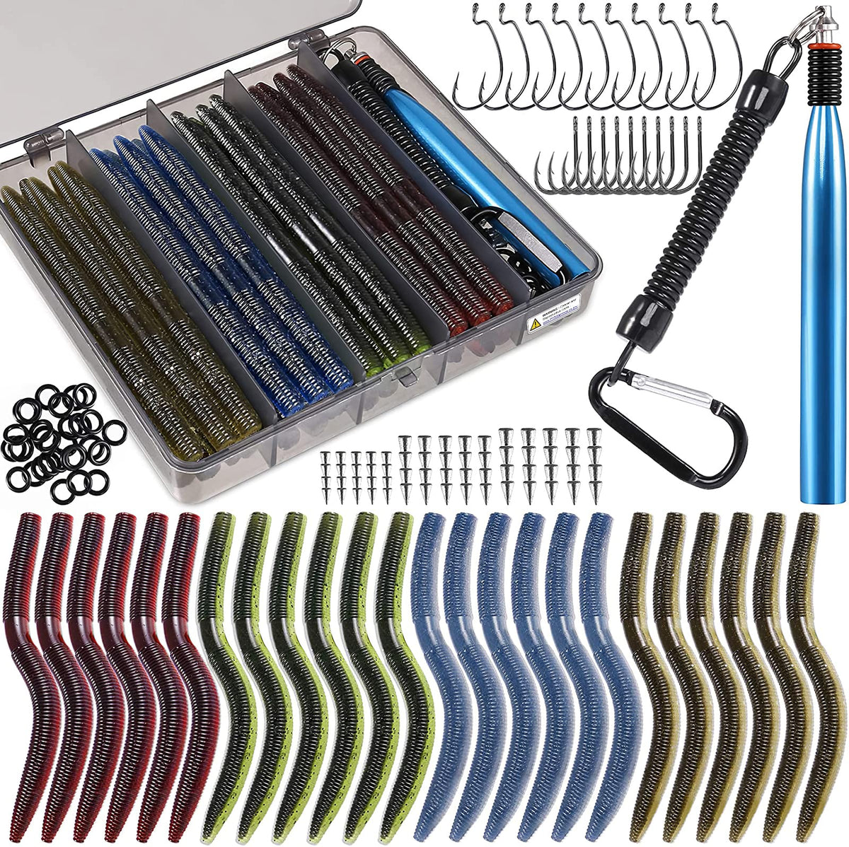 PLUSINNO wacky-worm-kit-box shows organized tackle storage for quick fishing setups.