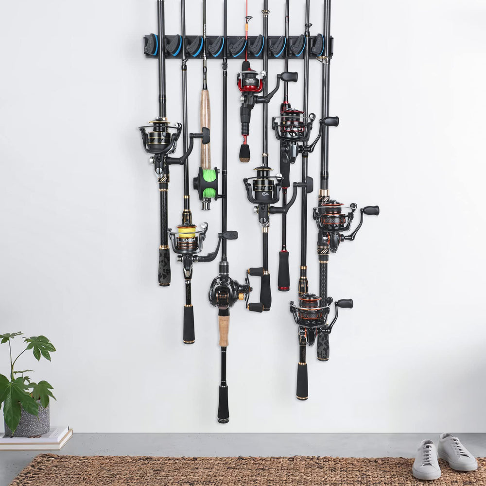 PLUSINNO wall-mounted rod holder secures multiple rods for organized garage storage
