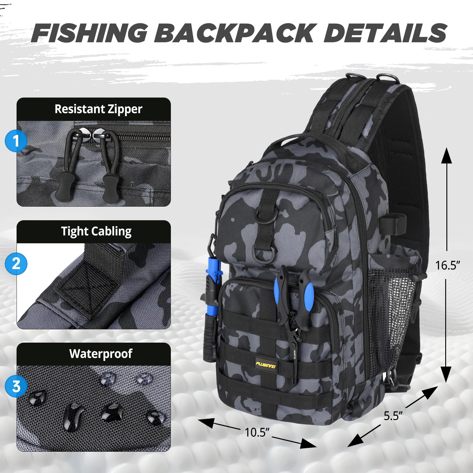 PLUSINNO waterproof fishing backpack interior organized for dry gear