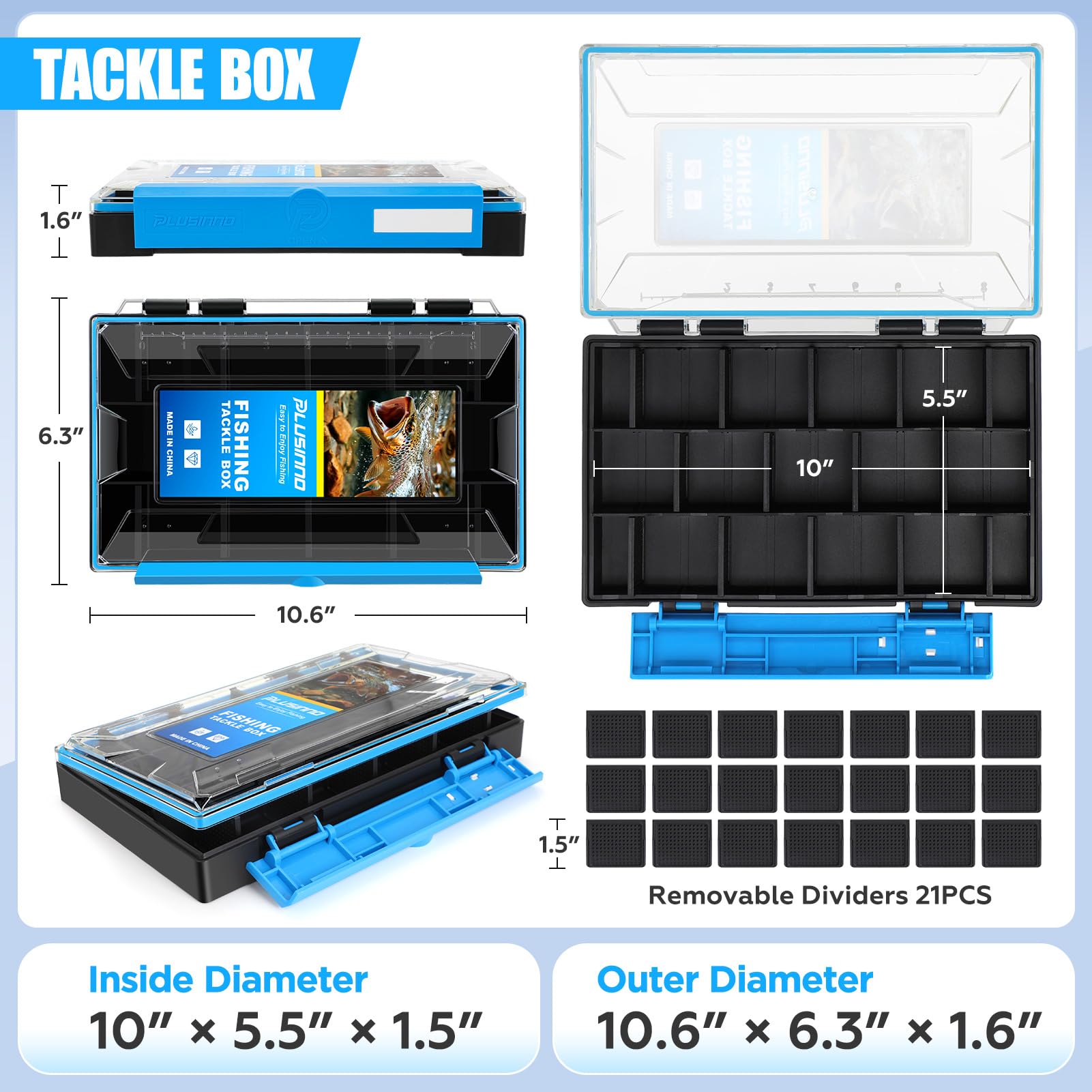 Open lid showing 21 adjustable dividers inside