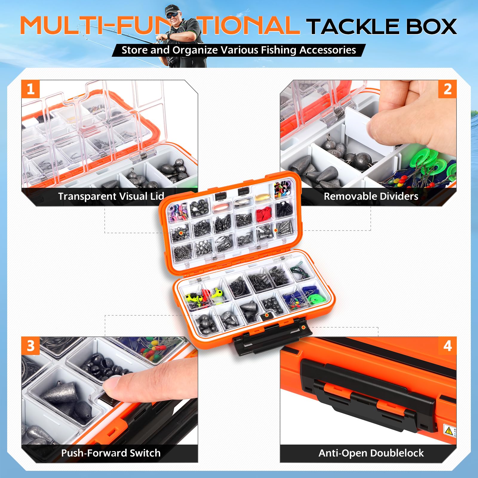 PLUSINNO waterproof tackle box lid keeps gear dry during splashes.